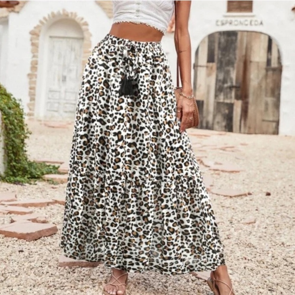 Boho leopard print tassel maxi skirt